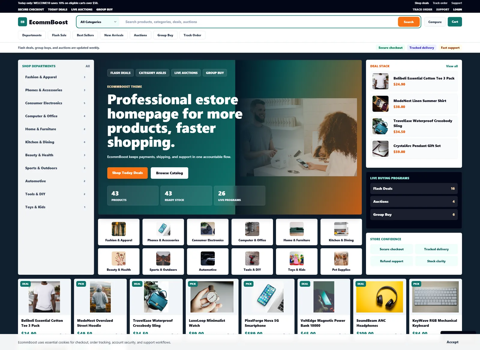 EcommBoost ecommerce homepage and product catalog software screenshot