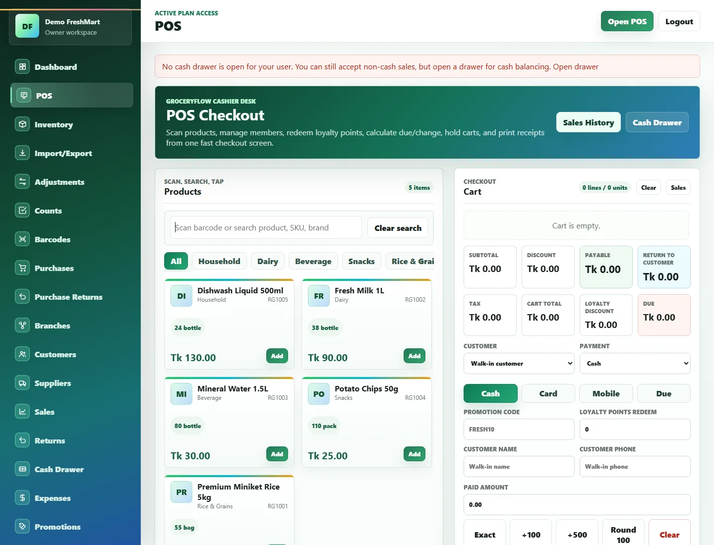 GroceryFlow grocery shop POS checkout and inventory software screenshot