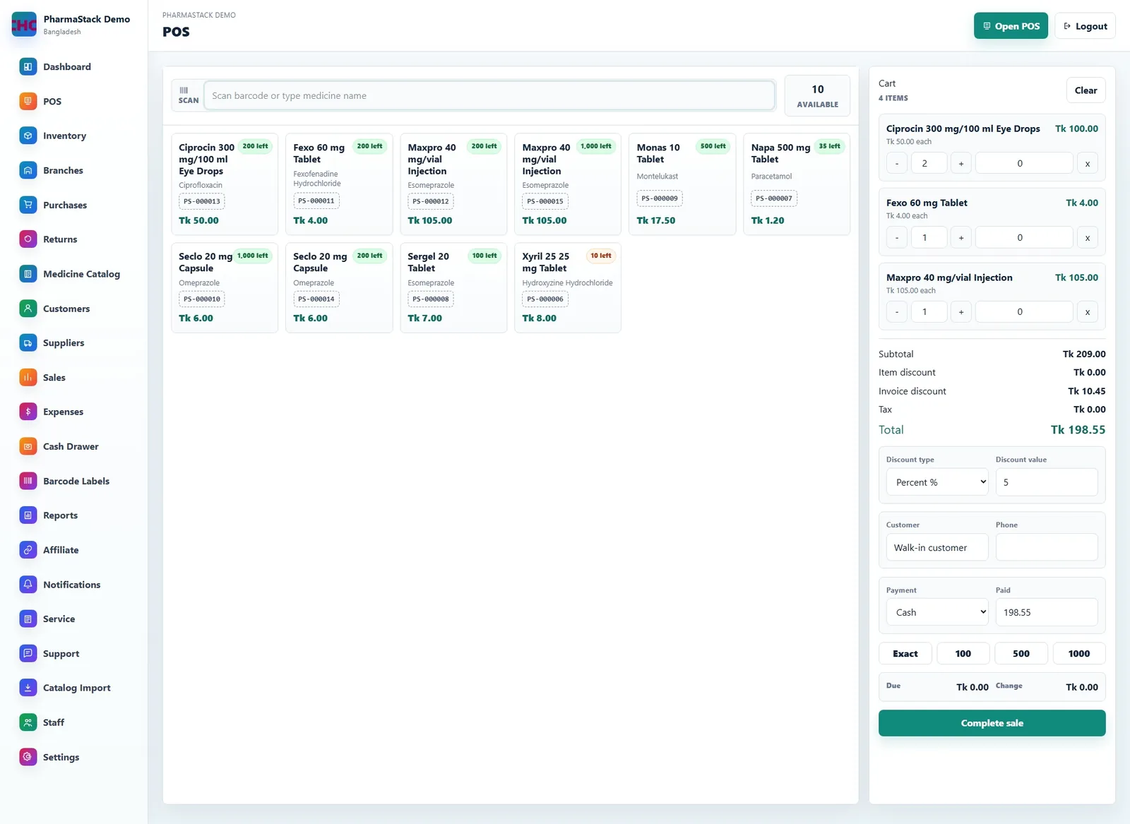 PharmaStack pharmacy POS medicine sales and inventory software screenshot