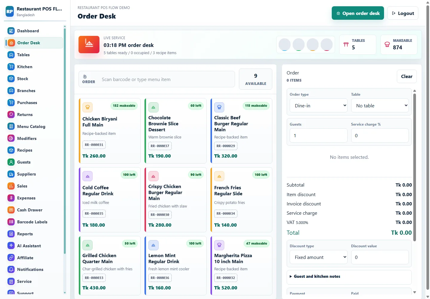 Restaurant POS Flow order desk, table and kitchen management software screenshot